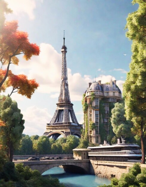 Photo tower in paris ships and sky blurry forest background