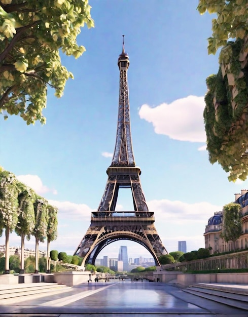 tower in Paris ships and sky blurry forest background