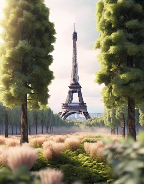 tower in Paris ships and sky blurry forest background