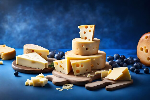 블루 사파이어 배경에 테이블 클로즈업에 있는 프리미엄 스위스 치즈의 다른 크기 조각
