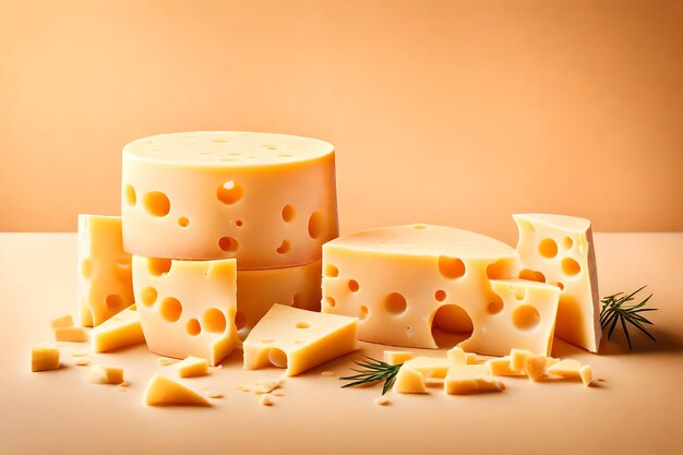 Tower of premium swiss cheese different size pieces on table closeup on light apricot background