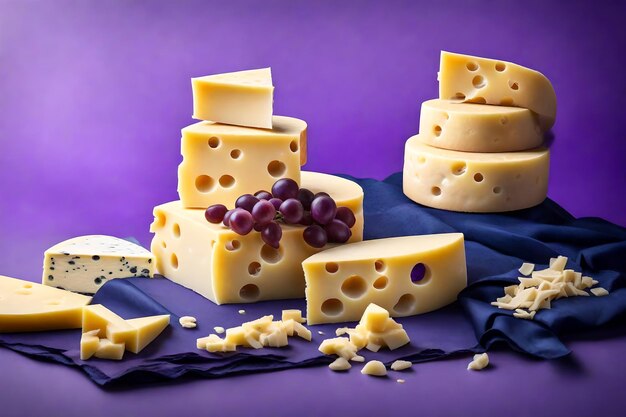 Tower of premium swiss cheese different size pieces on table closeup on purple navy background