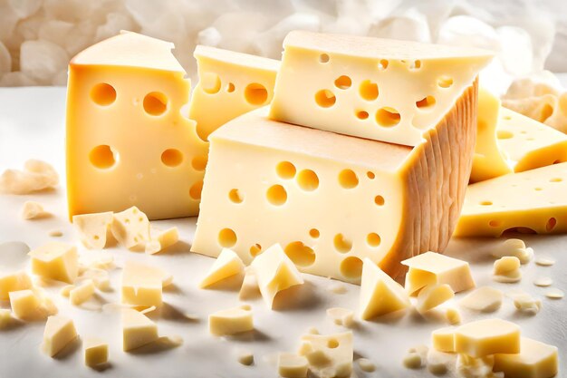 Tower of premium swiss cheese different size pieces on table closeup on vanilla ice background