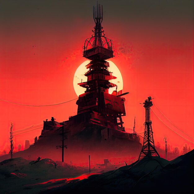 tower among red sun setting in west postapocalyptic city