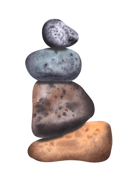 A tower of stones painted in watercolor isolated on a white background