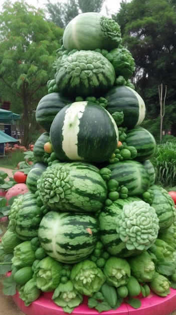 A tower of watermelon is made by the farmers.