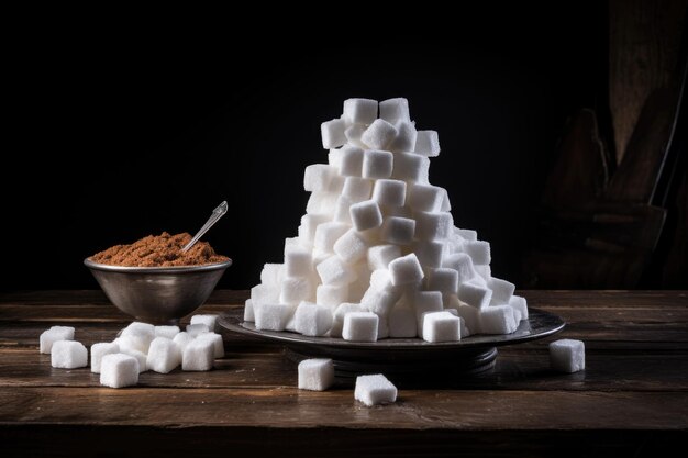 Foto una torre di cubetti di zucchero bianco su un tavolo di legno scuro