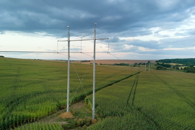 Tower with electric power lines for transfering high voltage electricity located in agricultural cornfield. Delivery of electrical energy concept.