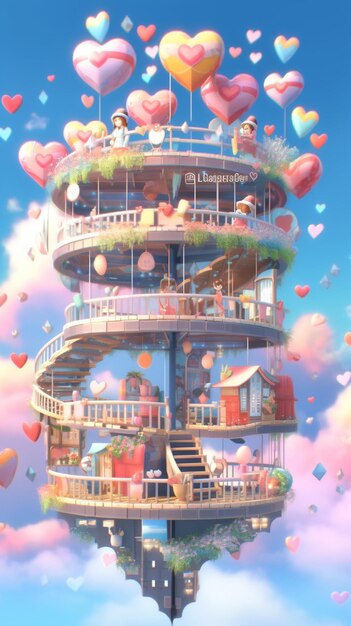 A tower with a heart shaped roof and a lot of balloons on it