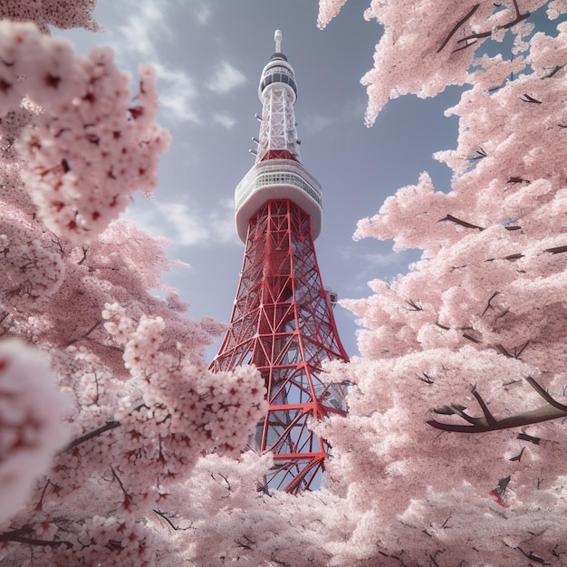 A tower with pink flowers is seen through the trees.