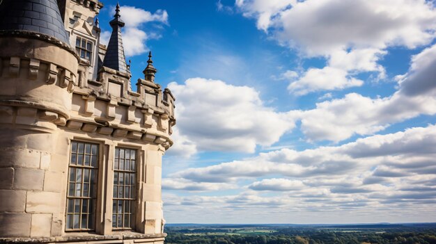 Photo tower with window of the ancient castle dark blue sky