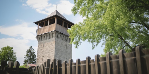 A tower with a wooden fence and trees in the background.