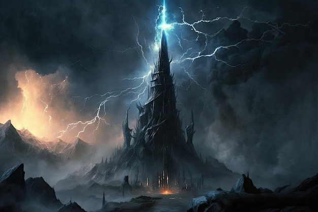 A towering black tower in mordor with lightning bolts flashing and thunder roaring