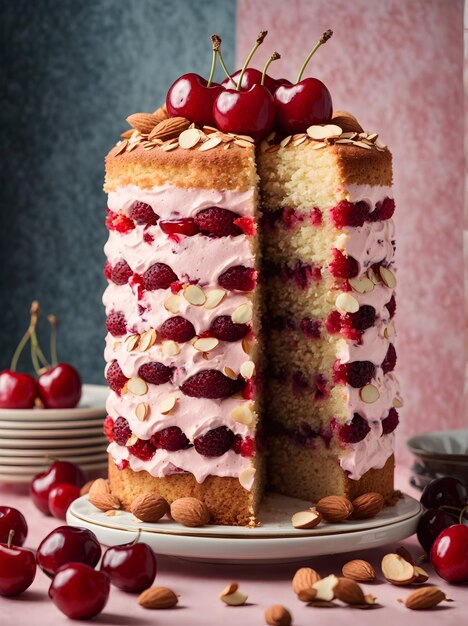 A towering cherry almond cake with layers of fluffy almond scented sponge