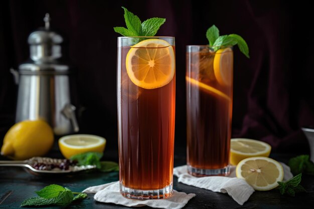 Towering glass of iced tea with mint and lemon wedge garnish created with generative ai