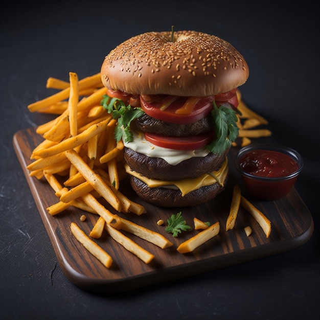 Photo a towering hamburger with a side of crispy crinklecut french fries served on a wooden board