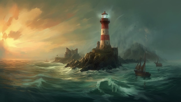 A towering lighthouse guiding ships in the distance