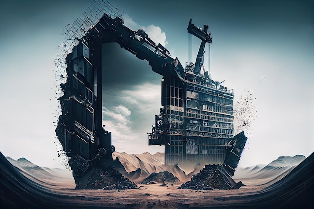 Towering machines digging into coal mine creating doubleexposure effect