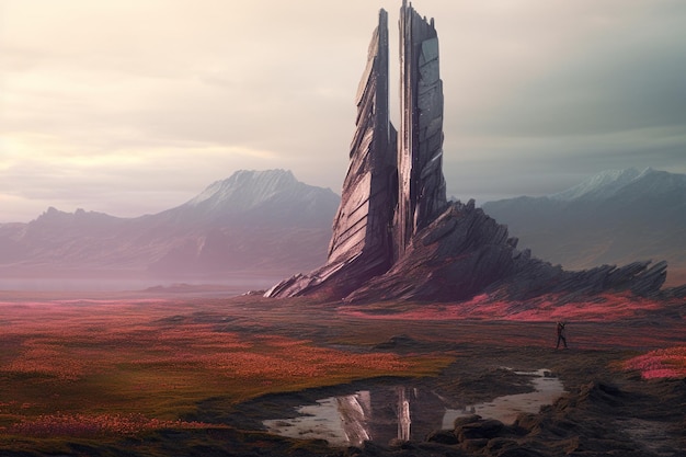 Towering monolith dominating a surreal and colorfu 00673 03