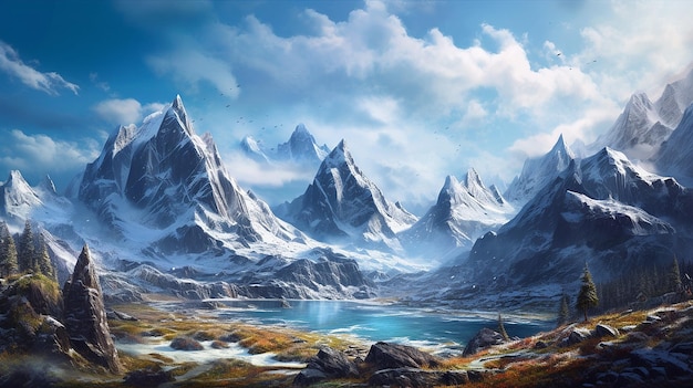 Towering mountains range snow peak frozen alaska illustration image AI generated art