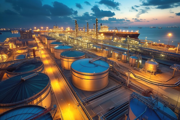 A towering oil refinery lights up the night sky amidst a cityscape