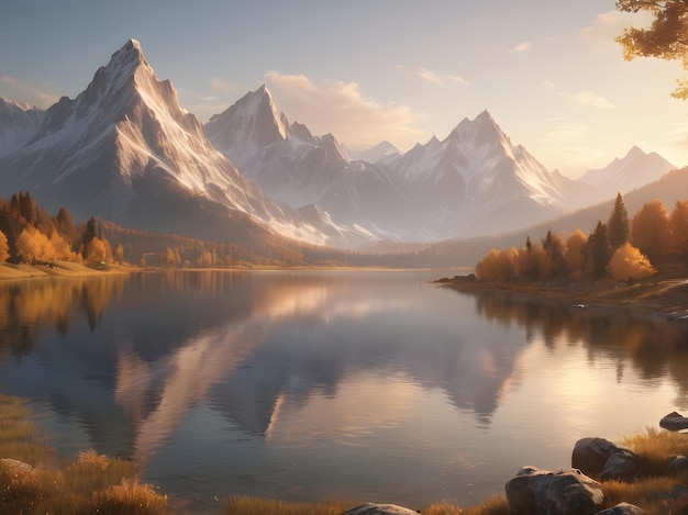 Towering Peaks and Pristine Lake in Golden Sunlight Generative AI