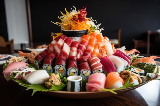 Towering plate of sushi with delicate rolls and different flavors created with generative ai