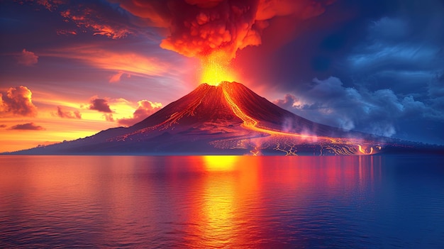 Photo a towering plume of ash and smoke rising from the crater of a volcano illuminated by the fiery gl