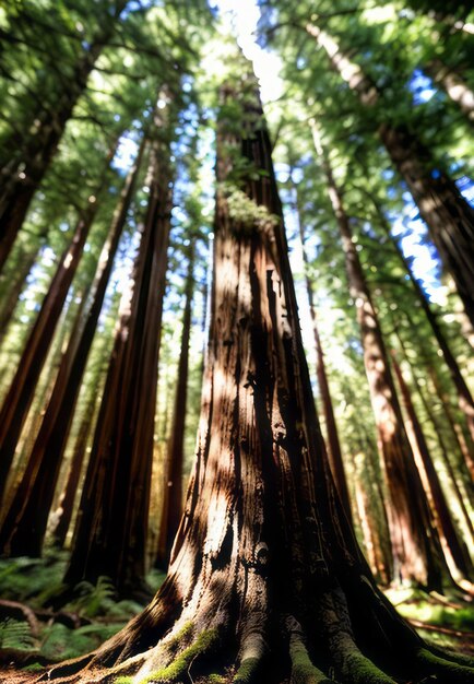 the towering presence of ancient redwood trees in a dense forest landscape wallpaper