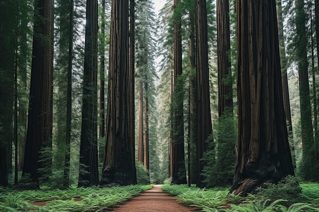 Towering redwood trees reaching towards the sky in a dense forest