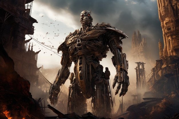 Photo a towering robot stands defiantly while surrouded by the devastation of a destroyed city an imposing robot standing tall in a ruined city ai generated