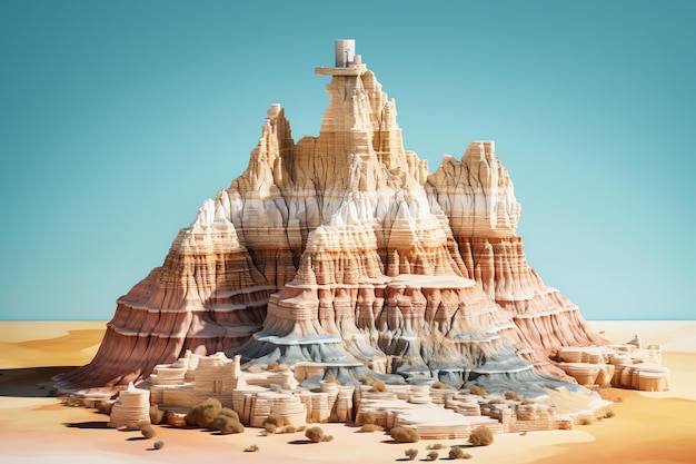 A towering rock formation emerging from the desert