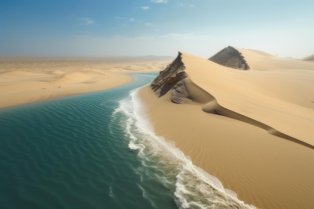 A towering sand dune surrounded by a mirage of crystalclear water