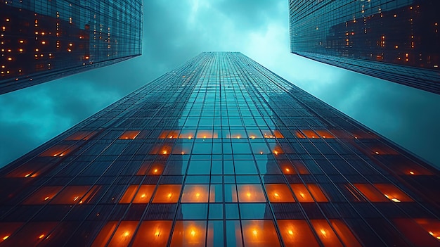 Photo a towering skyscraper ascends into the clouds its glass facade reflecting the surrounding city