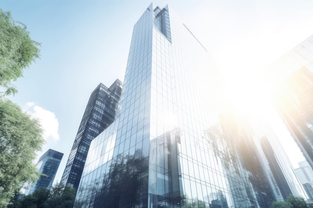 Высокий небоскреб с множеством стеклянных окон, отражающих окружающий городской пейзаж Генеративный ИИ