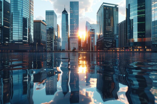 Photo towering skyscrapers reflecting in a glassy lake o