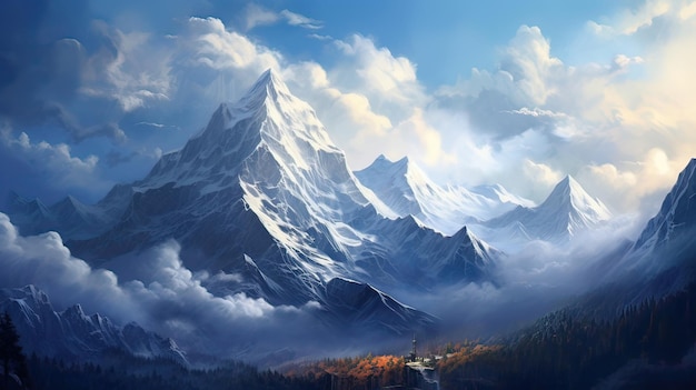 Высокие заснеженные вершины высоких гор, освещенные первым утренним светом, величественный снежный покров, захватывающий дух, спокойный альпийский рассвет, живописный пейзаж, величественный, созданный ИИ.