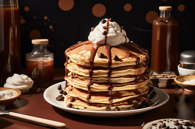 A towering stack of chocolate pancakes