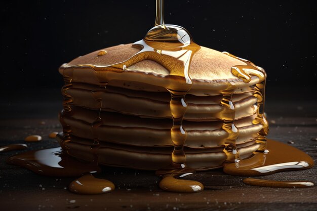 A towering stack of pancakes in black background