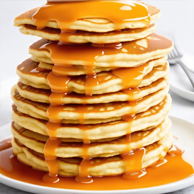 Towering stack of pancakes covered in maple syrup and butter