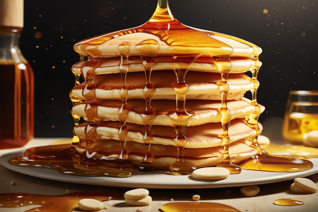 A towering stack of pancakes dripping with syrup