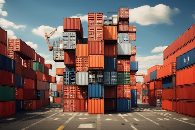 A towering structure created by multiple stacked containers forming a collection of storage units Shipping Containers Stacked High in a Storage Yard AI Generated