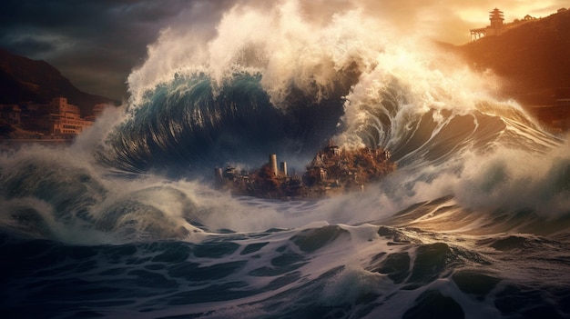 A towering tidal wave crashing against the shore