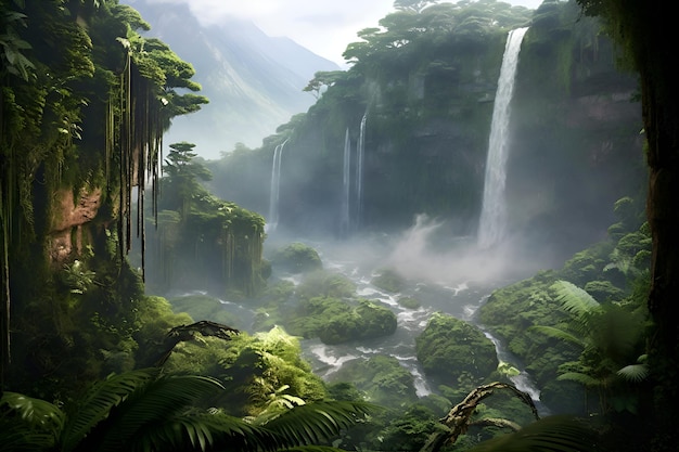 A towering waterfall in the heart of a lush rainforest