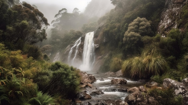Высокий водопад с туманными брызгами, созданный искусственным интеллектом