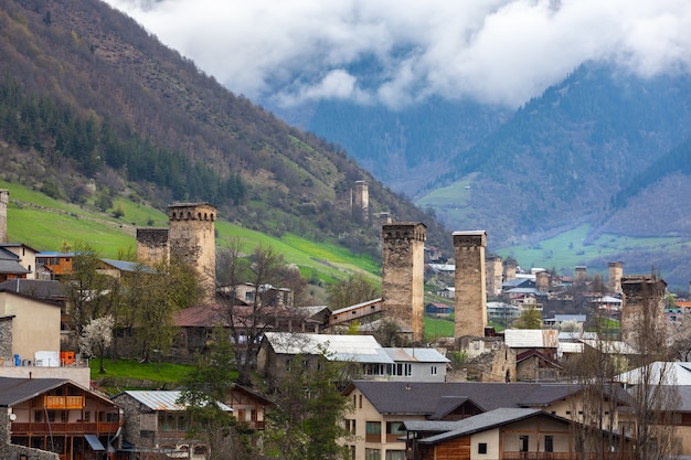 Towers of Mestia village in Svaneti area Caucasus mountains in Georgia