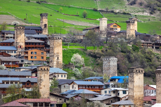 Towers of Mestia village in Svaneti area Caucasus mountains in Georgia