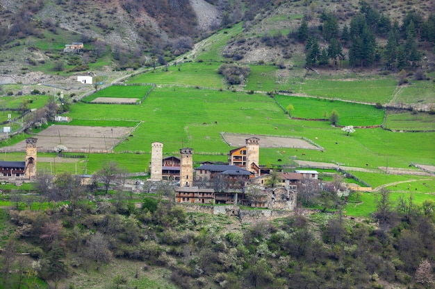 Towers of Mestia village in Svaneti area Caucasus mountains in Georgia