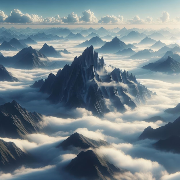 Towers of mountains visible through the clouds