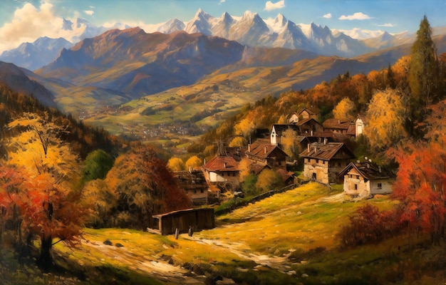 A town in the alps in the autumn